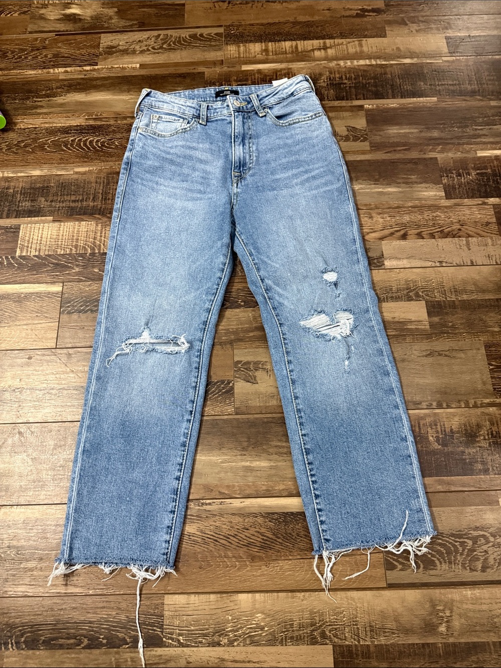 True Religion Light Blue Distressed Straight-Leg Jeans cropped